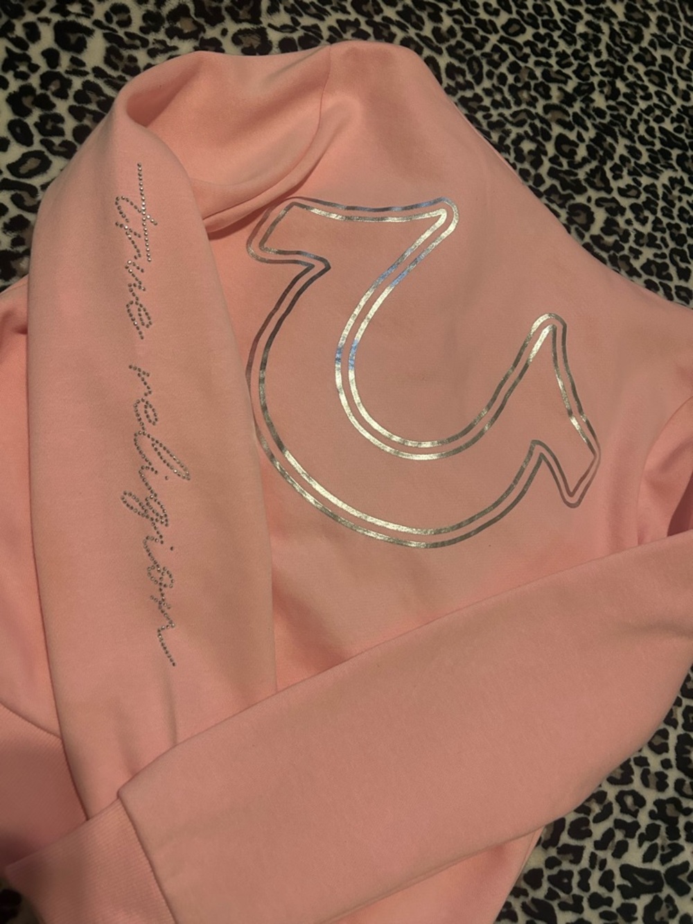 True Religion light Pink Rhinestone Script zip up